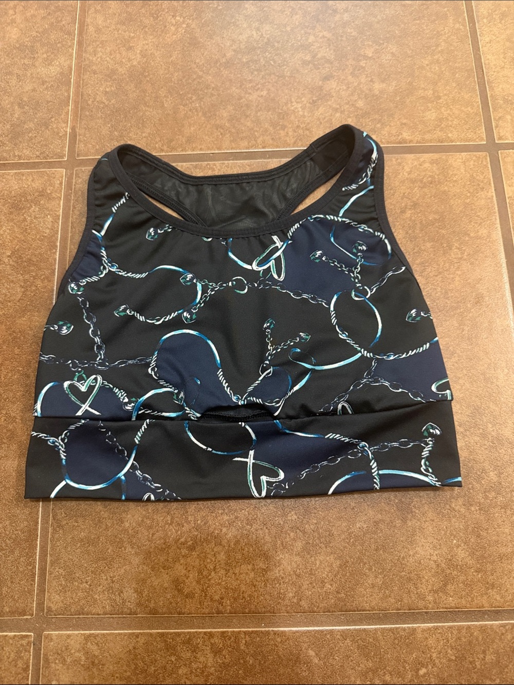 Black & Teal Heart Chain Crop Swim Top